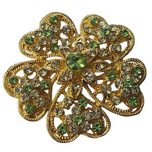 Vtg Green Filigree Flower Gold Tone Rhinestone  Pin Brooch